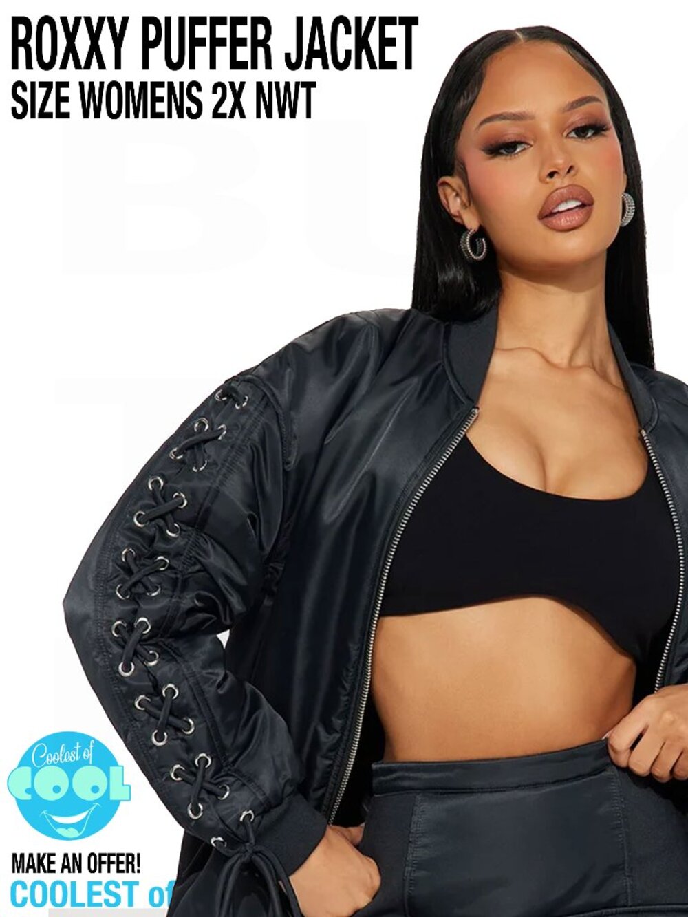 Roxxy puffer jacket womens 2X jacket charcoal black Fashion nova New with tags